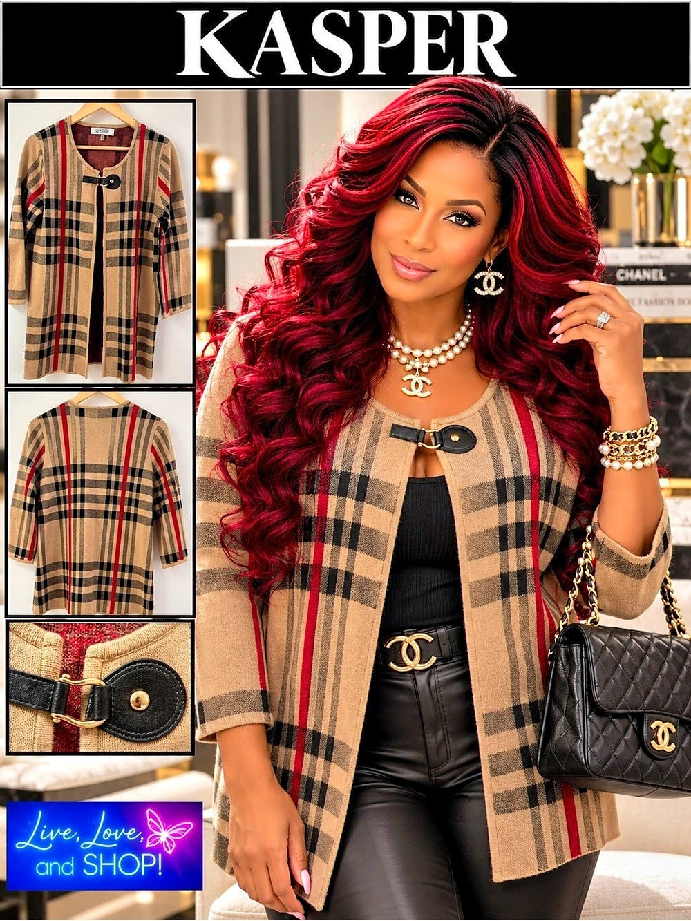 CARDIGAN: KASPER Plaid Open-Front w/Pleather Buckle Hardware in Brown & Red, EUC